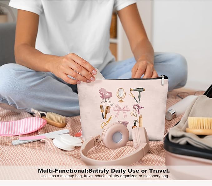 EKGJW Pink Hairstylist Makeup Bag for Women, Cute Cosmetology Student Gifts,Hairdresser Travel Organizer Bag, Aesthetic Salon Accessory Pouch, Gifts for Teen Girls 7.5 x 10 in