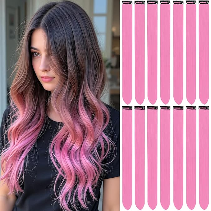 Colored Pink Hair Extensions 14 PCS, 22 In Colorful Clip in Hair Extensions Party Highlights, Dream Rainbow Long Straight Synthetic Hairpieces for Women Cosplay Gift(Pink)