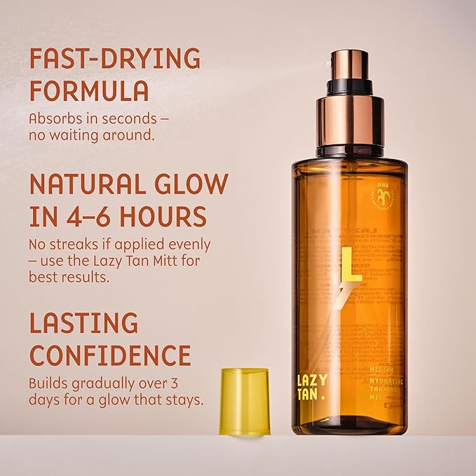 Lazy Tan Face Tan Mist - Self Tanning Mist, Waterproof, Effortless and Natural Looking, Gradual Sun Kissed Glow, Suitable for Face and Body, Hydrating Moisturiser with Vitamin C and Vitamin E