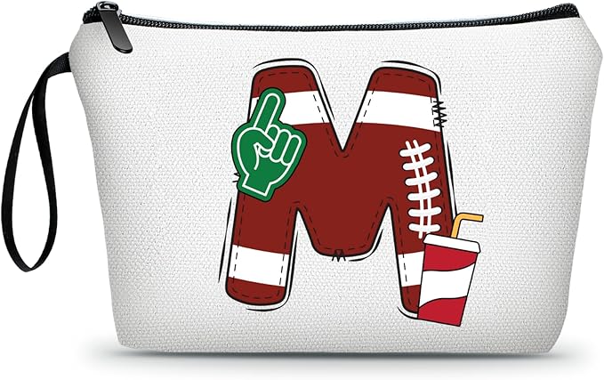 Football Initial Birthday Graduation Gifts Cosmetic Travel Toiletry Bags Football Accessories Party Favors for Women Girls Daughter Niece Team Coach Friends -M