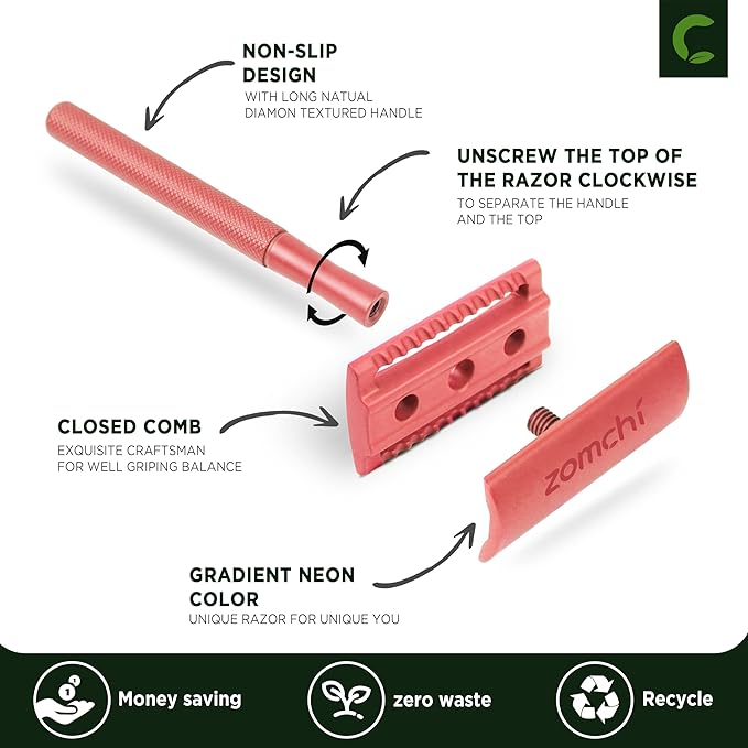 ZOMCHI Double Edge Safety Razor with Stand for Men, Women's Safety Shaving Razor with 10 Double Edge Safety Razor Blades, Single Blade Razor for Shaving –Light Coral