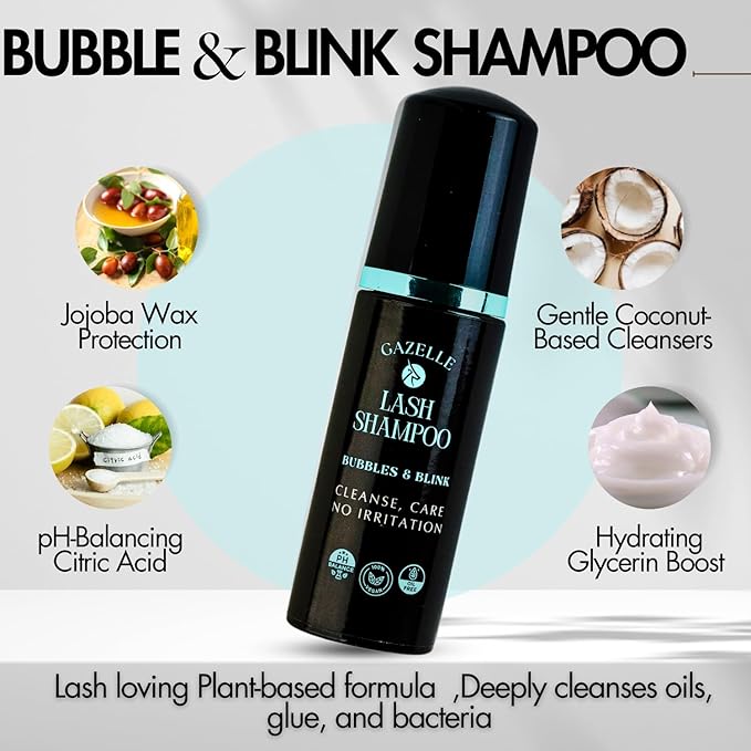 Gazelle Eyelash Shampoo with Brush – 60ml Plant-Based Eyelash Extension Cleanser, Gentle Foaming Lash Cleaning Kit Removes Makeup, Dirt & Oil – No Irritation, No Burning – Salon & Home Use