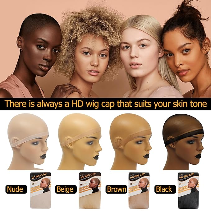 BEEOS Black SKINLIKE HD Wig Cap, 4 Pieces Invisible and Sheer Breathable Ultra-thin Stretchy Stocking Caps for Lace Front Wigs, Bald Cap for Women