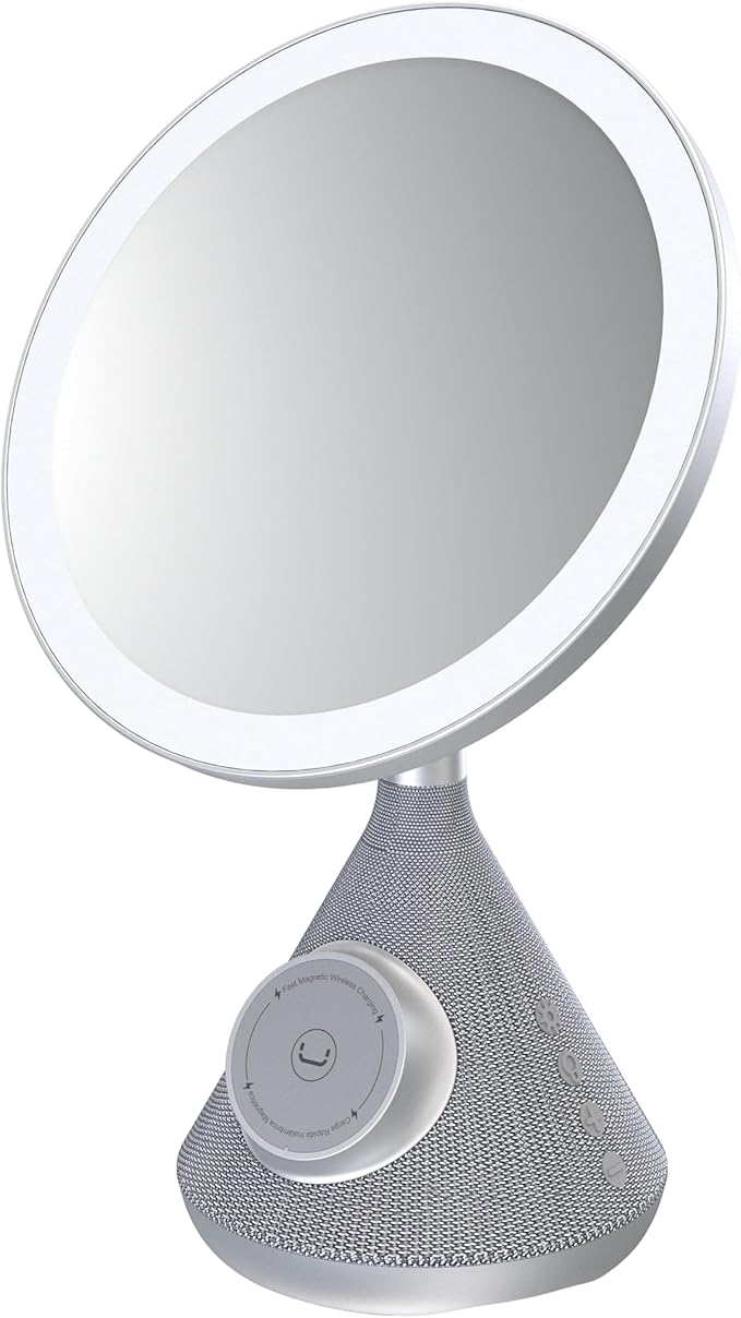 UNNO Vanity Mirror with 15W Wireless Charger and Speaker, LED Lighted Makeup Mirror, 3 Lighting Modes, Adjustable Brightness