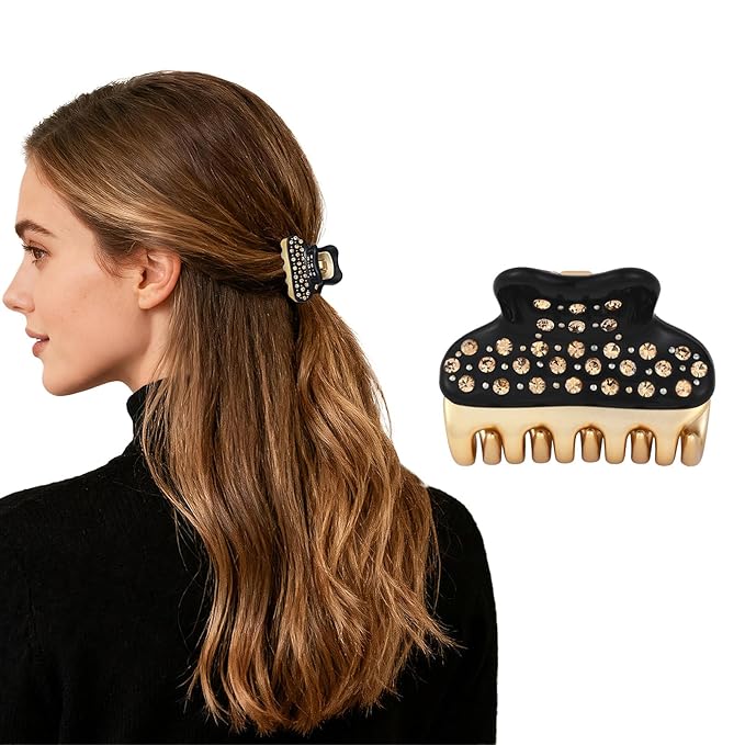 18K Gold Plated Small Claw Clips - 1.7 Inch Cute Rhinestone Hair Clips for Women Girls Thick Thin Hair, Premium French Hair Accessories for Half-Up, Birthday Valentine's Gift for Her, Black
