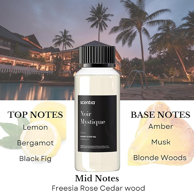 Scentia Noir Mystique Diffuser Oil, Inspired by Edition Hotel, 120 ml (0.67 fl oz) | Essential Oil Blend of Rose, Bergamot, Lemon & Musk | Luxury Aroma for Aromatherapy Diffusers & Humidifiers