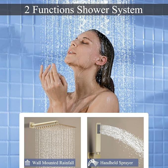 YCAIKOI Shower Faucet Set 16 Inch Wall Mount Rain Shower System, All Metal Shower Fixtures - Brushed Gold