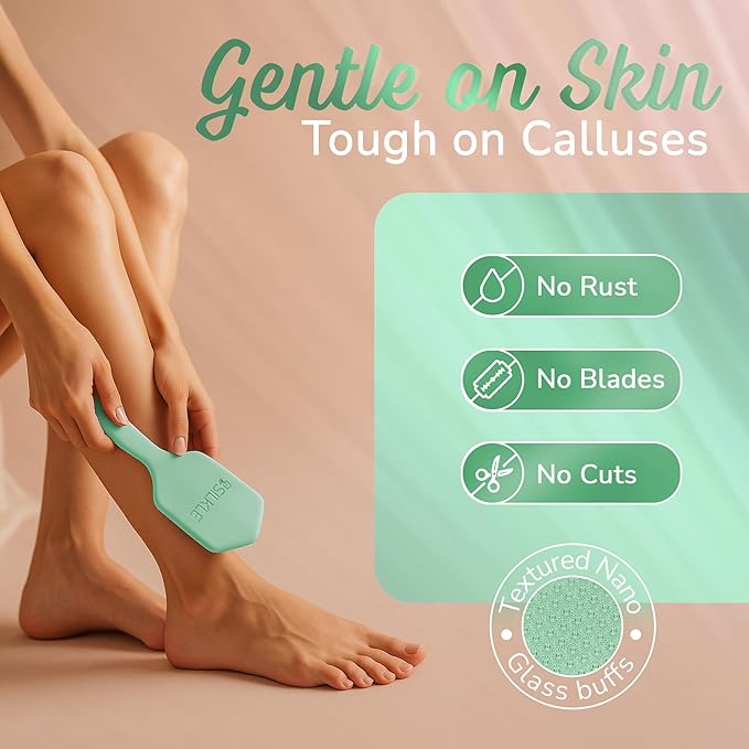 Nano Glass Foot File - Silicone Foot Callus Remover for Feet and Cracked Heels - Heel Scraper for Dead Skin - Ergonomic Foot Scrubber & Exfoliator for Shower with Non-Slip Grip - Green