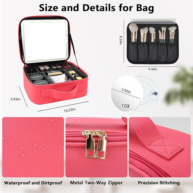 SLUMAZI Travel Makeup Bag with LED Mirror and 10x magnifying glass with 3 Lighted Settings, Adjustable Dividers and Makeup Brush Storage Bag Light Red