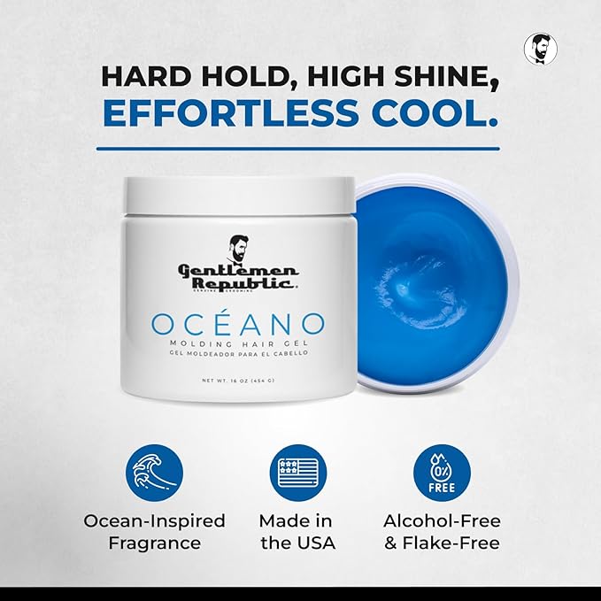 Gentlemen Republic Oceano Men's Hair Gel 16oz W/Pump - Strong Touchable Hold and High Shine Styling Gel for Hair, 100% Alcohol-Free Professional Formula with Fresh Scent, Mens Hair Product Made in USA