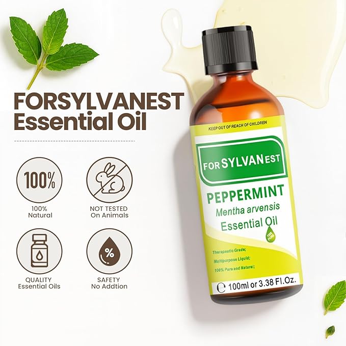 Peppermint Oil 3.38FL OZ, 100% Natural Peppermint Essential Oil for Skin, Hair Care, Cooling, Minty Scent for Aromatherapy & Candle Making