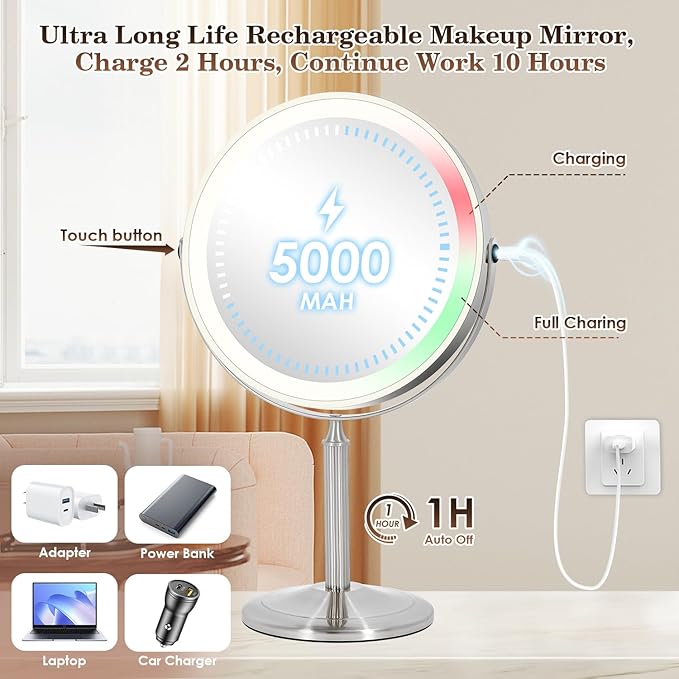 VESAUR 15X Magnifying Mirror with Light, 9.5 Large 5000mAh Rechargeable Double Sided HD Lighted Makeup Mirror with 3 Touch Dimmable Light, 360° Swivel Detachable for Travel Vanity Mirror Nickel, Gifts