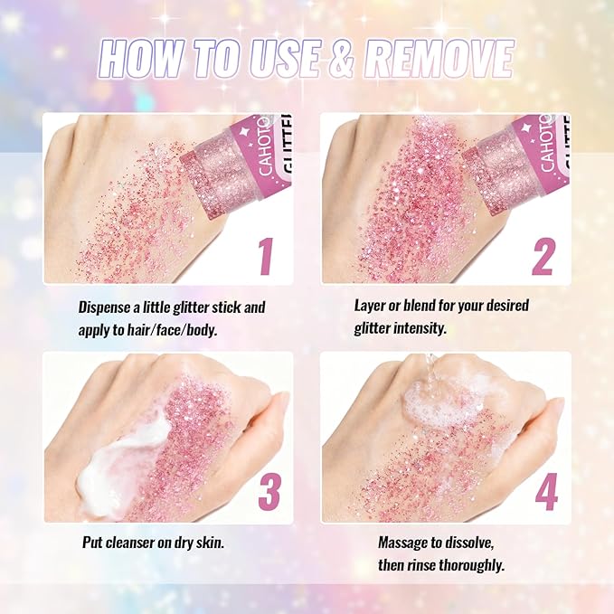 Pink Face Body & Hair Glitter Stick for Singer Concerts Outfit, Shimmer Stick Gel for Women, Sparkling Holographic Chunky Sequins for Carnival Halloween Festival Fairy Dust Makeup, 0.56oz