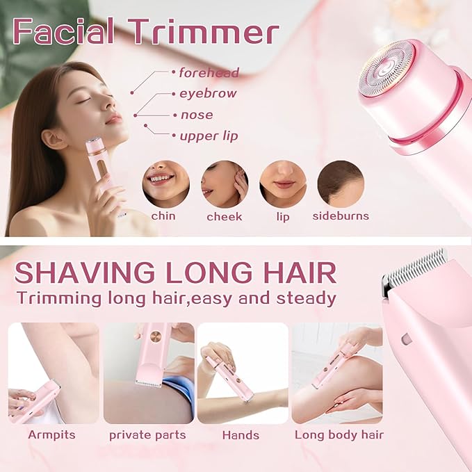 2 in 1 Bikini Trimmer for Women, Dual Head Electric Shaver with LED Display, IPX7 Waterproof Body Pubic Hair Trimmer Rechargeable Womens Electric Razor for Armpit Leg Body Facial (Pink)
