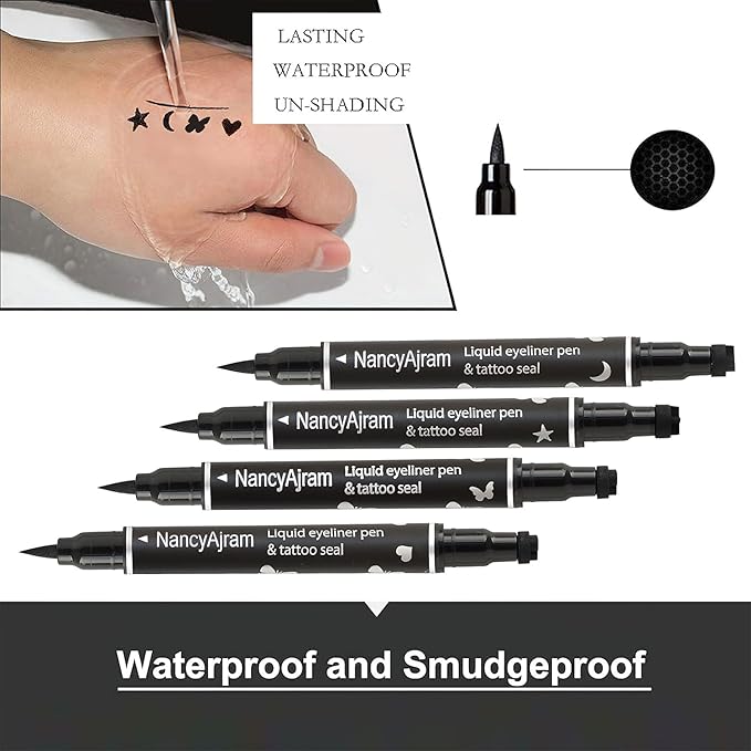 4 PCS 2 in 1 Stamp Liquid Winged Double Head Eyeliner Pen Set Seal Eyeliner Waterproof Star Moon Butterfly Heart-Shaped Embellished Eye End Eye liner Makeup Cosmetics(Black)