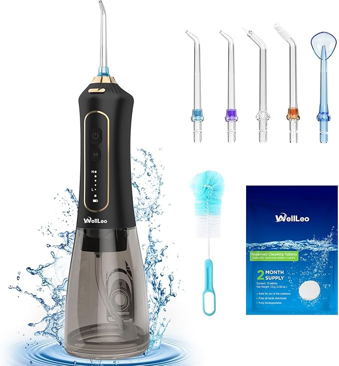 WellLeo Water Flossers for Teeth, 300ML Cordless Oral Irrigator Rechargeable Dental Flosser Picks with 5 Modes 5 Jet Tips,IPX7 Waterproof Teeth Cleaner for Braces Gum Care, Home Travel Use
