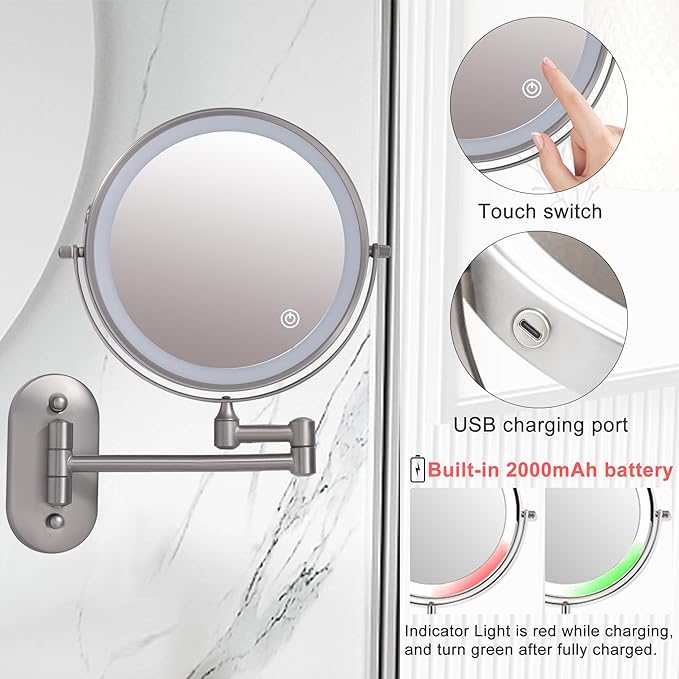Rechargeable Wall Mounted Lighted Makeup Vanity Mirror with 10X/1X Magnification For Shaving, 8Inch Brushed Nickel Magnifying Mirror Makeup Wall Mounted with Light,13 Inch Extendable (8CB-N10X)