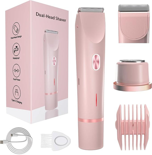 Bikini Trimmer for Women,2 in 1 Womens Electric Razors for Shaving with Dual Ceramic Blades,Painless Personal Trimmer for Body,Face&Intimate Part Hair,Waterproof Groomer for Travel