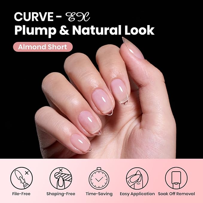 Beetles Gel Nail Tips Curve-EX Almond Short, 160pcs 16 Sizes, Etch-X Half Matte Full Cover Soft Acrylic False Clear Press on Nail Tips Easy DIY Nail Extension Art Salon for Curved & Natural Nail Beds