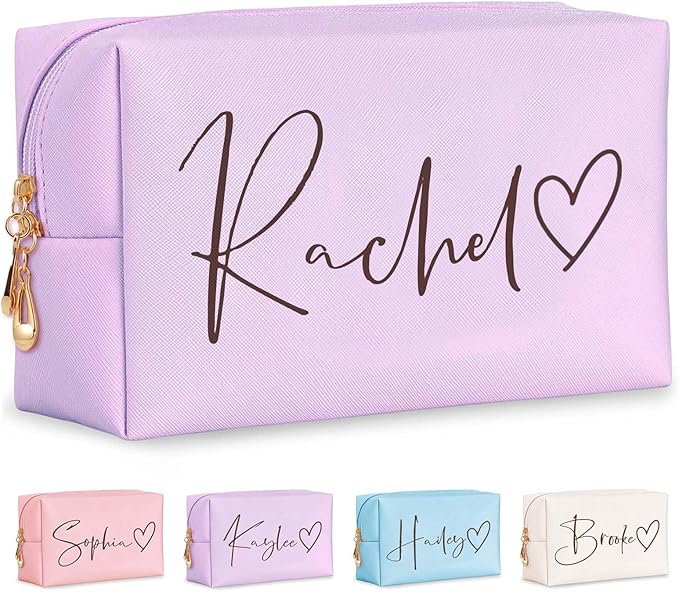 Fincekoom Valentines Day Gifts for Her Teen Girls, Personalized Makeup Bag with Name & Birth Flower, Custom Leather Cosmetic Bags for Women, Customized Travel Toiletry Bag Gifts for Bridesmaid Wedding