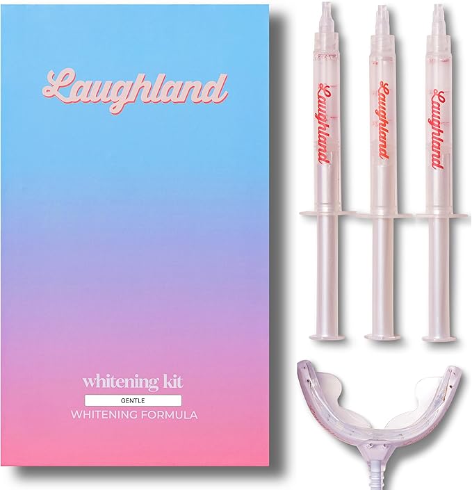 Laughland Sensitive Teeth Whitening Kit, Phone-Powered LED Mouthpiece & 3 Whitening Gel Syringes, Sodium Bicarbonate, Aloe Vera & Mint, Gentle Formula, at-Home Dental Care, 6+ Treatments