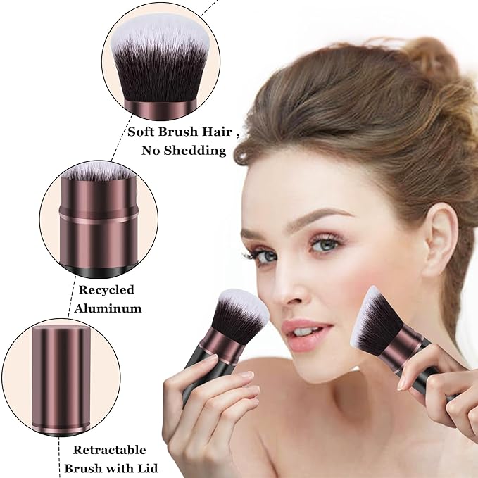 Keriloo Retractable Makeup Brush, Travel Kabuki Powder Makeup Brush 2 Pack, Foundation Face Blush Brushes for Blending Liquid, Blush, Bronzer, Buffing, Sunscreen,Flawless Cosmetics