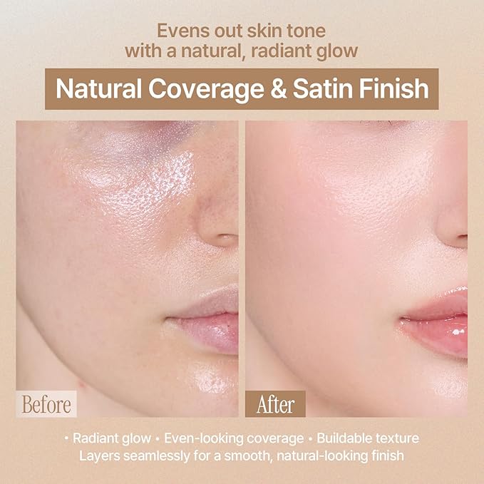 Natural Cover Glow Cushion Foundation | Satin Radiant Finish | Korean Foundation Makeup | Long-Lasting Natural Coverage | for All Skin Types 0.42 oz. (21P Porcelain Ivory)