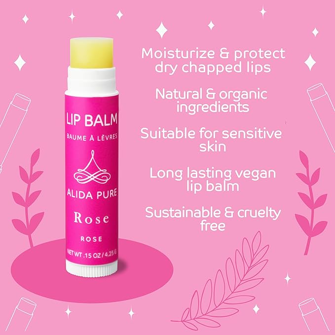 ALIDA PURE Rose Lip Balm Collection, Vegan Set, Beeswax Free, with Organic Jojoba and Avocado Oil, Vitamin E, Natural Moisturizer for Dry, Chapped Lips, 3 Tube Set