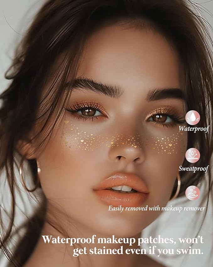 Glitter Freckles, Body Face Glitter for Women Girls, Waterproof Glow Up Singer Concerts Festival Rave Accessories (Gold - Hearted)