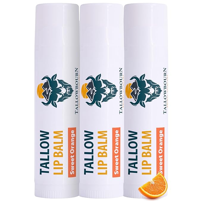 Tallowbourn Moisturizing Tallow Lip Balm – Grass-Fed Beef Tallow with Organic Coconut Oil, Beeswax, and Vitamin E – Sweet Orange – Lip Balm Set – Travel Essential – 3-Pack