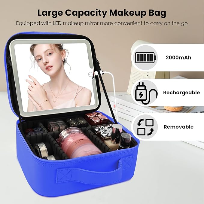SUILU Travel Makeup Bag with LED Mirror and Light Makeup Travel Bag Organizer Portable Cosmetic Brush Organizer Bag with Adjustable Dividers for Cosmetics Makeup Brushes Toiletry (Dark Blue)