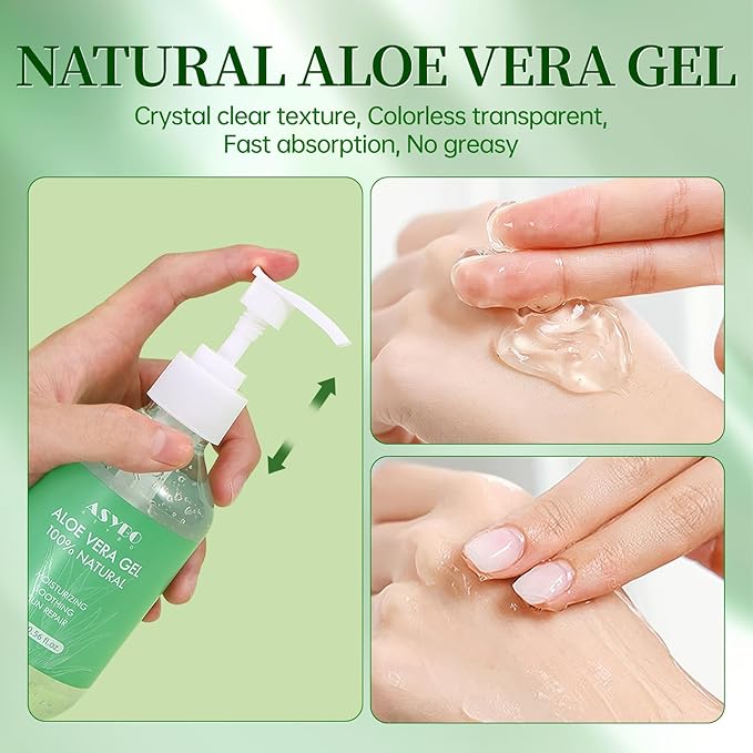 ASYBO Aloe Vera Gel 300 ml – 100% Natural Pure Aloe Vera for Face Body Hair, Soothing and Nourishing Moisturising Aloe Cream for Dry Skin, Sunburn, Acne, After Sun Lotion