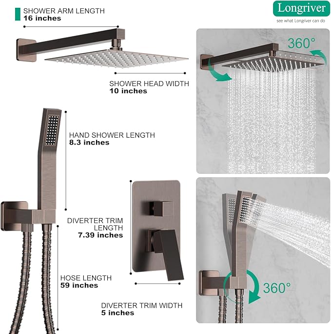 Longriver Shower Faucet Set, Shower System Bathroom High Pressure 10 Inches Rainfall Shower Head with Handheld Spray, Wall Mounted Shower Fixtures with Shower Valve and Trim Kit, Oil Rubbed Bronze