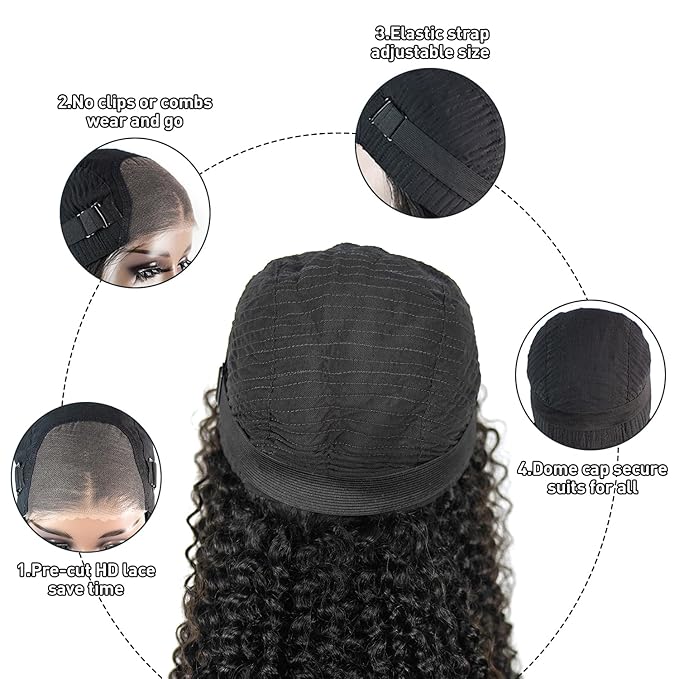 Wear and Go Kinky Curly Glueless Wig Human Hair, 6x4 Pre-Cut HD Lace Glueless Wigs Pre-Plucked, Transparent No Glue Lace Front Closure Wigs for Women 200% Density 28 inch