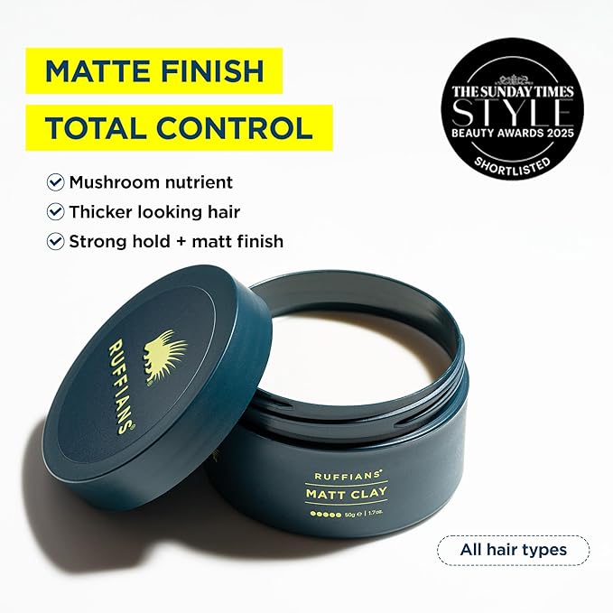 Ruffians Matte Hair Clay (1.7 Oz Fl / 50 ML) Strong Hold, Matte Finish, for All Hair Types, Thicker Looking Hair, Haircare, Men’s Hair Gel