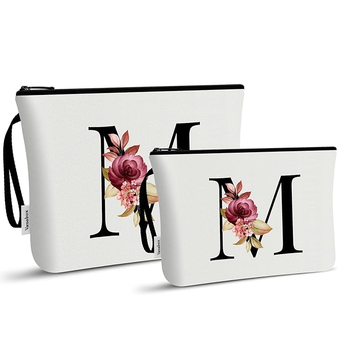 Vavabox A-Z Personalized Makeup Bag, Birthday Gifts for Women Mom, Gifts for Best Friend, Bride Bridesmaid Cosmetic bag (M, 03-White Set)