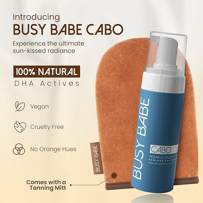 Busy Babe CABO Tanning Mousse Self Tanner With Mitt - Achieve a Gorgeous, Flawless Tan, Sun-Kissed Glow for All Skin Types and Tones, Sunless Tanning Mousse for Undertone (DARK BRONZE 200ml)