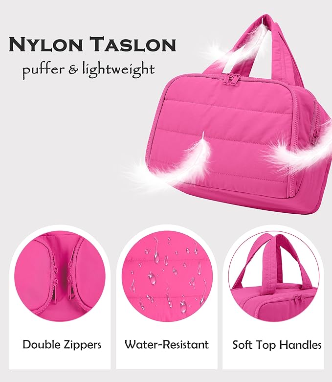 BUZFOWU Travel Toiletry Bag for Women, Large Wide-open Puffy Cosmetic Makeup Bag with Wet-Dry Separation, Multi-Pocket Organizer with Carry Handle for Toiletries, Cosmetics, Essentials, Rose Red