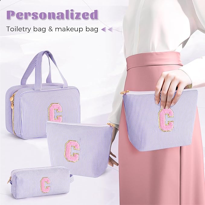 Fystdtote Cute Cosmetic Bag for Girls Women - Personalized Initial Makeup Pouch for Girlfriend Bridesmaid Wife | Travel Toiletry Bag for Her Mom | Birthday Preppy Stuff - Lavender C