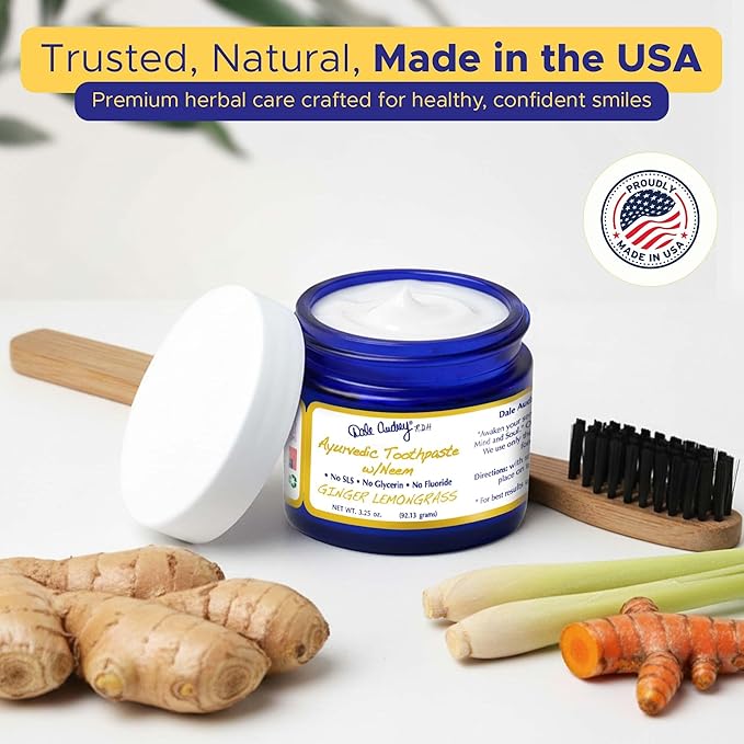 Dale Audrey Ayurvedic Mineralizing Tooth Paste, Organic Ginger Lemongrass Flavor for Teeth Whitening and Fresh Breath, Enamel Repair Vegan Toothpaste | Natural Toothpaste Fluoride Free-3.25 Oz