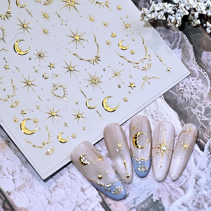 Gold 5D Embossed Nail Stickers Star Nail Stickers for Nail Art with Moon Heart Design Nail Art Stickers Self-Adhesive Gold Nail Decals for Women Manicure Supplies