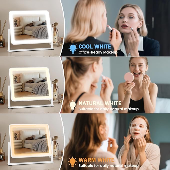 Vanity Mirror with Lights, 14"×12" LED Makeup Mirror, HD Professional Mirror, Smart Touch with 3-Color Lighting, Dimmable, 360° Rotation, Lighted Up for Makeup Desk, Bedroom (White)