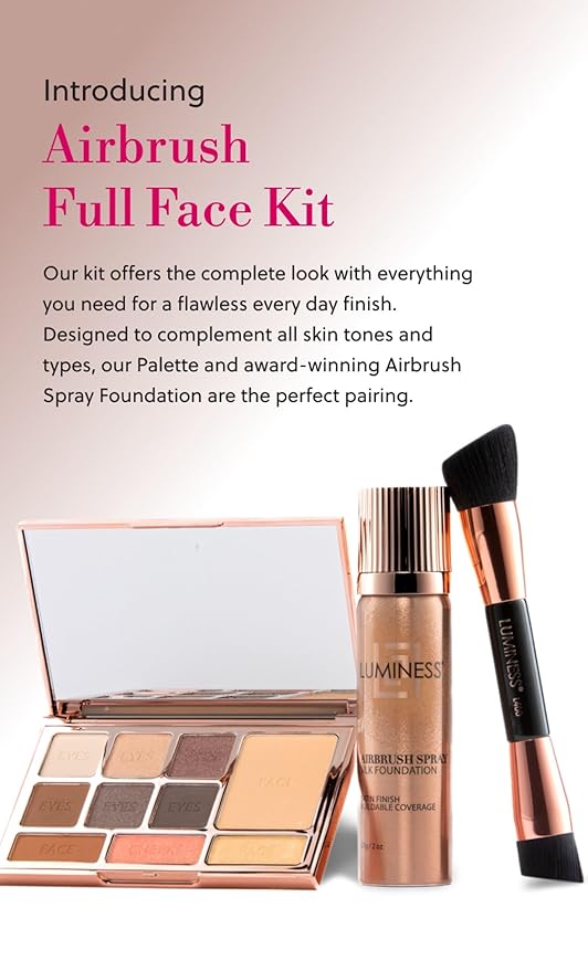 LUMINESS Face Time All In One Makeup Kit - Includes Face Palette, Airbrush Foundation, and Makeup Brush - Long-Wearing, Silky, Soft, Easy to Blend, 3-PC Make Up Set (10 - Tan)