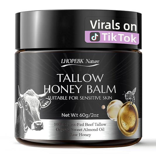 Beef Tallow for Skin: Tallow Honey Balm for Dry Skin - Organic Grass Fed Whipped Beef Tallow Moisturizer for Face Body at Home Travel 2Oz