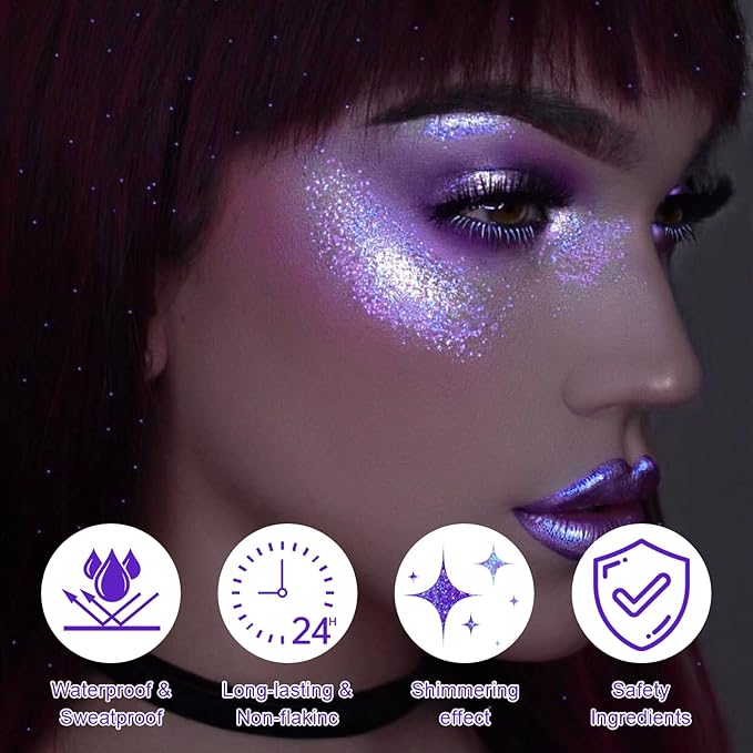 Roll-on Holographic Body Glitter Gel for Face and Hair, Chameleon Color Changing Glitter Gel Under Light, Chunky Mermaid Sequins Shimmer Makeup for Halloween Party Rave Accessories (Purple)