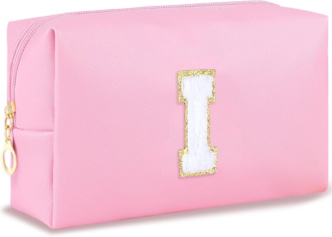 URSKYTOUS Initial Makeup Bag Personalized Preppy Travel Small Cosmetic Bag Cute PU Pink Chenille Letter Makeup Pouch for Purse Waterproof Zippered Toiletry Organizer for Women Girls Kids Friends (I)