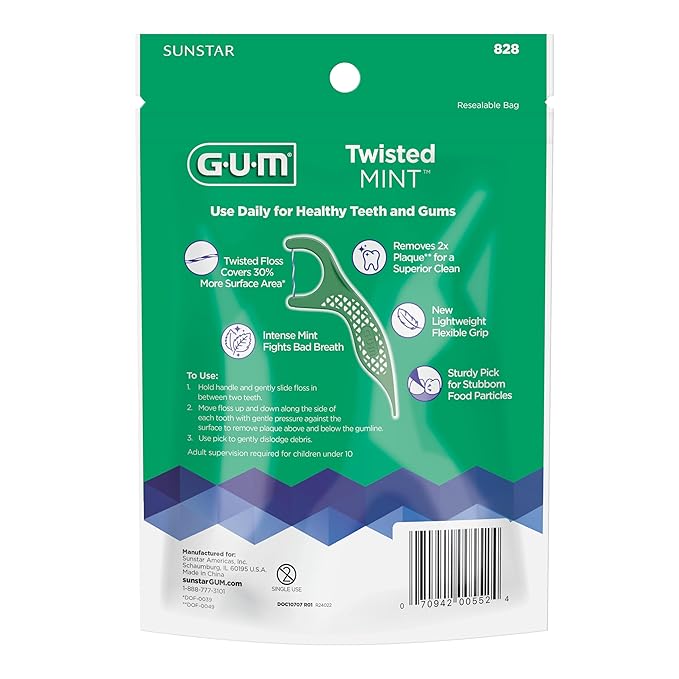 GUM Twisted Mint Floss Picks - Twisted Threads, Shred-Resistant Floss, Easy Grip Handle, 150 Count