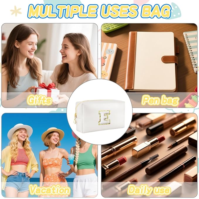 URSKYTOUS Gifts for Girls Initial Makeup Bag Personalized Cosmetic Bag with Zipper Cute Travel Toiletry Bags Waterproof PU Preppy Makeup Pouch Birthday Gift for Teen Girls Women(White E)