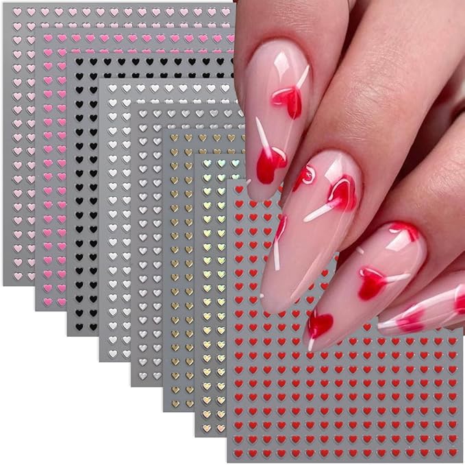 Heart Nail Stickers 3D Self-Adhesive Holographic French Black White Gold Silver Red Heart Design Nail Art Sticker Hearts Nail Decals Valentine DIY Manicure Decoration for Women 6 Sheets