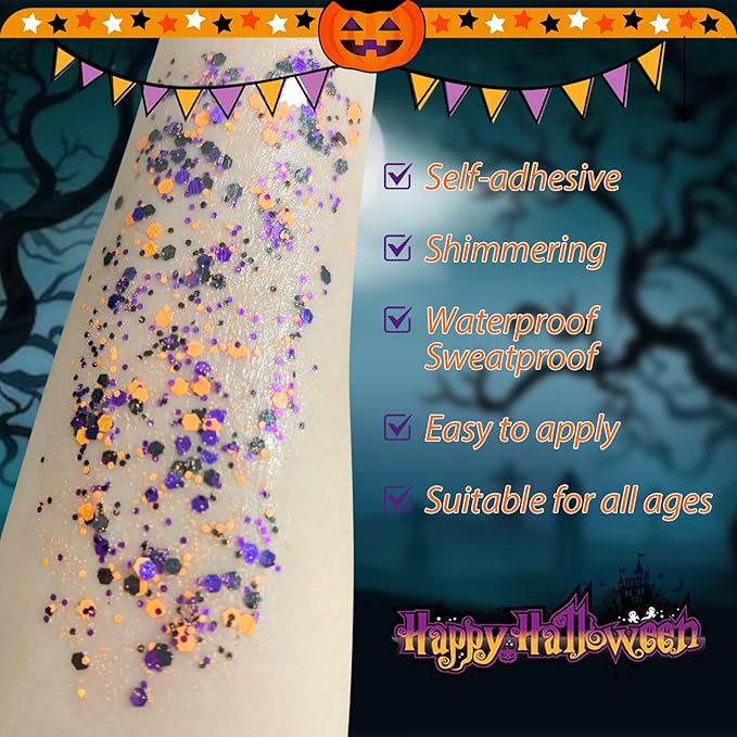 Halloween Body Glitter Stick, Black Purple and Orange Face Glitter Accessories for Rumi Costume and Rumi Cosplay Makeup, Waterproof Face and Hair Glitter Makeup for Kids and Women